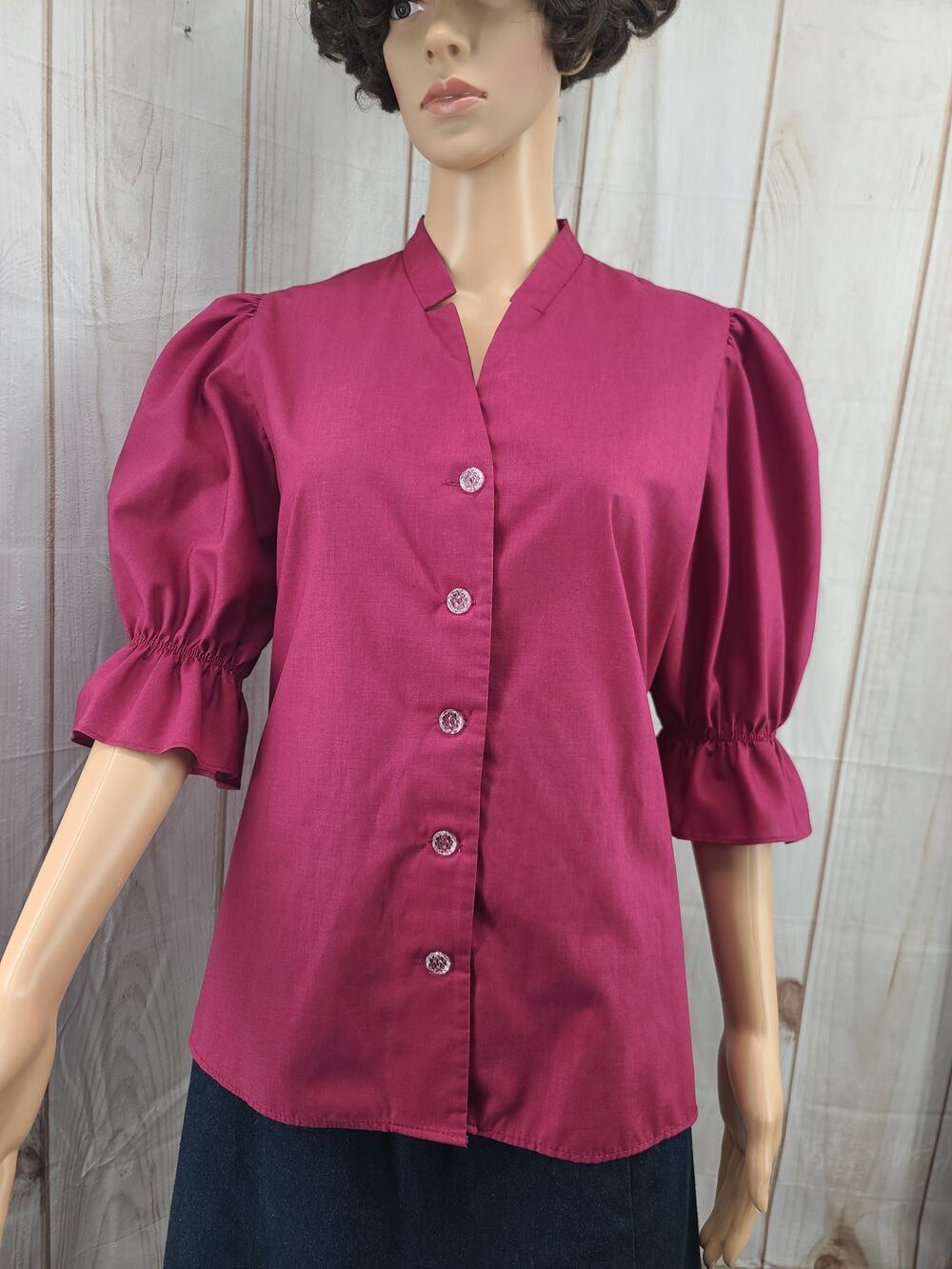Malco Modes Puff-Sleeve Button-Down Magenta Western/Square Dance Blouse Vintage